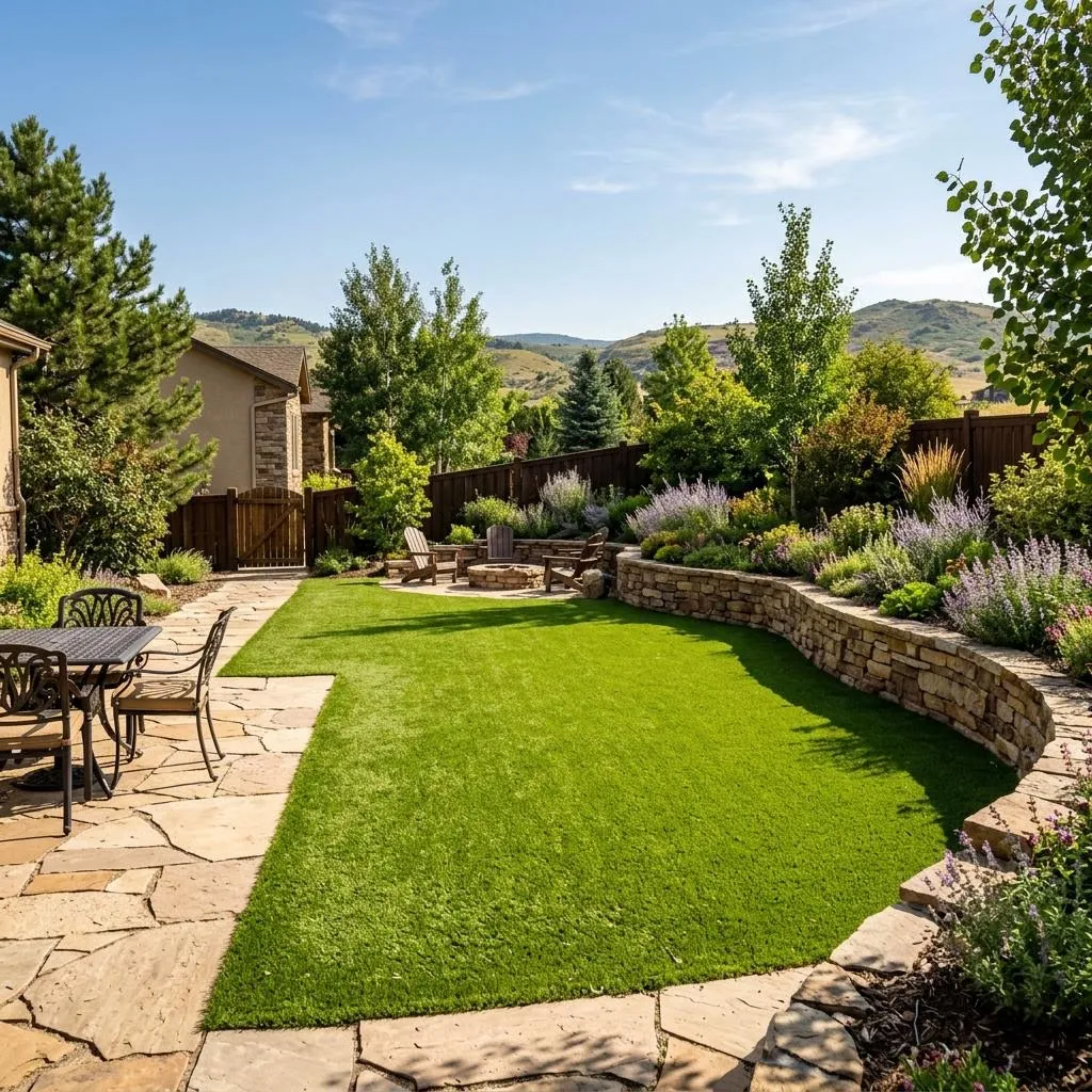 Wind resistant and UV protected artificial grass installed in a sunny Cimarron Hills backyard