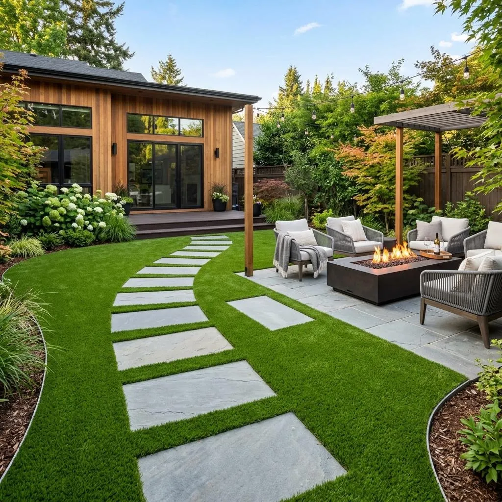 Artificial turf beautifully integrated around stepping stones and a fire pit.