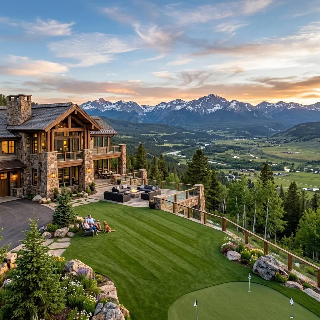 A sprawling artificial lawn in a luxury Colorado estate overlooking a valley.