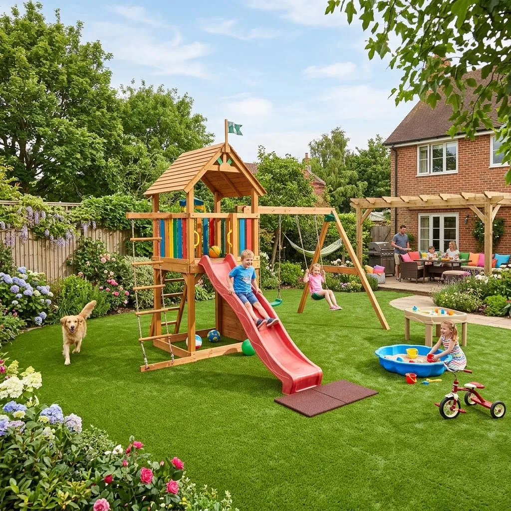 A family friendly backyard with play equipment situated on soft artificial grass.