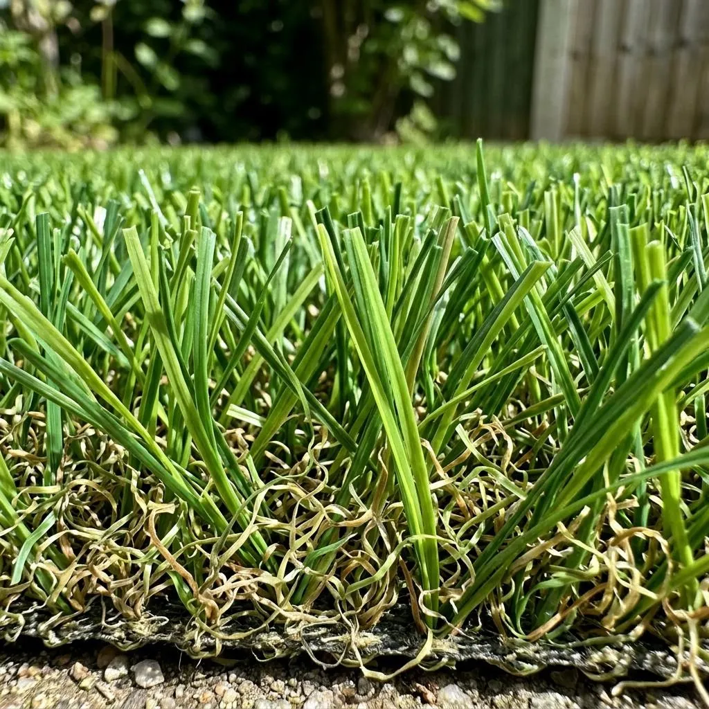 Close up view of high-quality artificial grass blades showing realistic thatch.