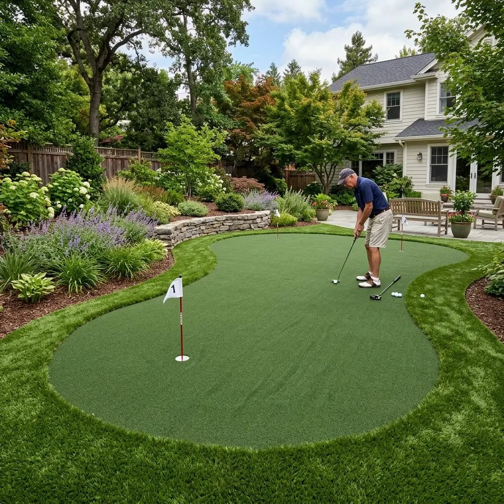 A putting green made of artificial turf in a residential backyard.