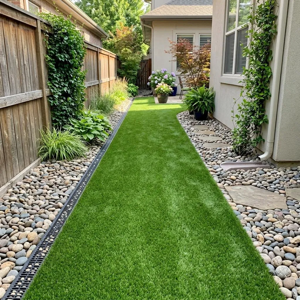 A premium artificial turf installation in a narrow side yard with river rock borders.