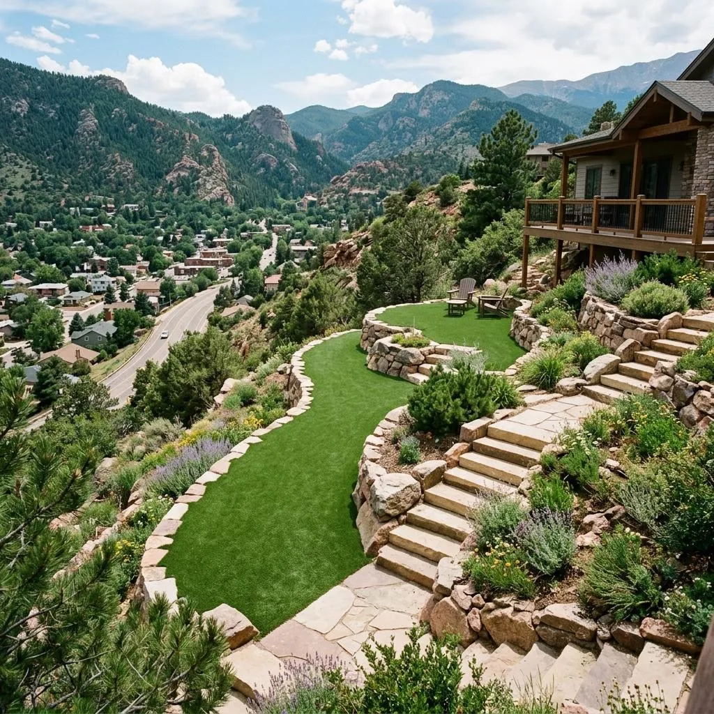 Custom artificial turf precisely fitted around stone paths and terraced gardens in a compact Manitou Springs yard