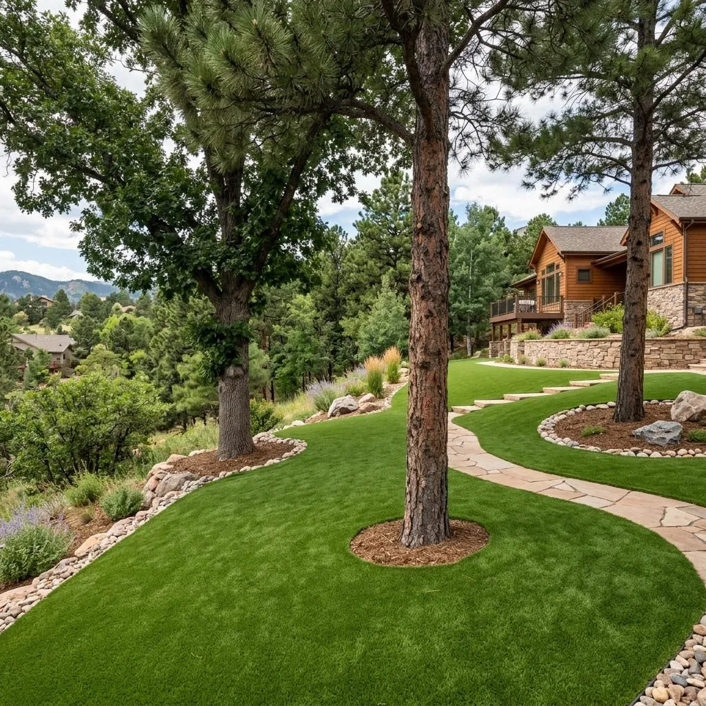 Artificial turf installed beautifully around mature trees and natural slopes typical of Stratmoor neighborhoods